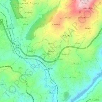 Mapa topográfico Feiteira, altitude, relevo