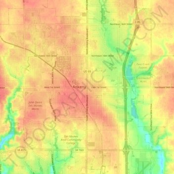 Mapa topográfico Ankeny, altitude, relevo