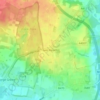 Mapa topográfico Iver Heath, altitude, relevo