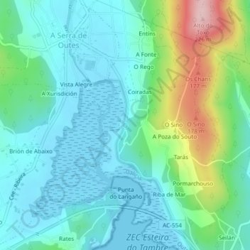 Mapa topográfico outes, altitude, relevo