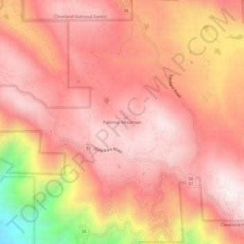Mapa topográfico Palomar Mountain, altitude, relevo