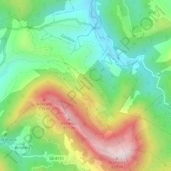 Mapa topográfico Lasarte, altitude, relevo