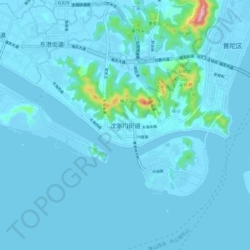 Mapa topográfico 沈家门街道, altitude, relevo