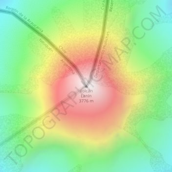 Mapa topográfico Volcán Lanín, altitude, relevo