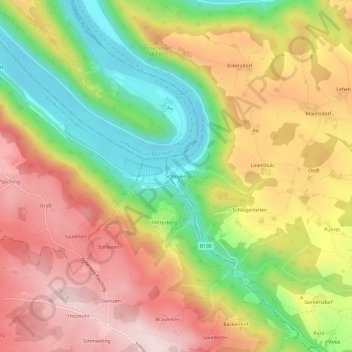 Mapa topográfico Schlögen, altitude, relevo