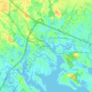 Mapa topográfico Wareham, altitude, relevo