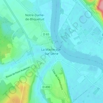 Mapa topográfico La Mailleraye-sur-Seine, altitude, relevo