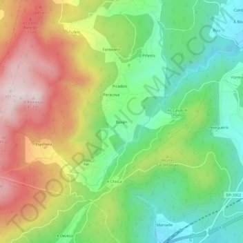 Mapa topográfico Buxán, altitude, relevo