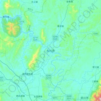 Mapa topográfico 永兴县, altitude, relevo