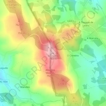 Mapa topográfico Campelo, altitude, relevo