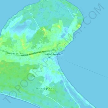 Mapa topográfico Rameswaram, altitude, relevo
