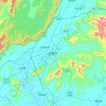 Mapa topográfico 阳春市, altitude, relevo