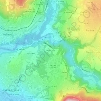Mapa topográfico Les Glaisins, altitude, relevo
