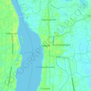 Mapa topográfico Vaikom, altitude, relevo