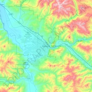 Mapa topográfico Missoula, altitude, relevo