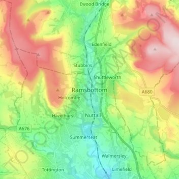 Mapa topográfico Ramsbottom, altitude, relevo