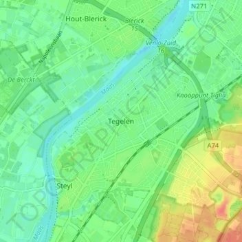 Mapa topográfico Tegelen, altitude, relevo