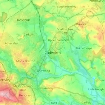 Mapa topográfico Cudworth, altitude, relevo