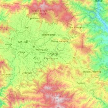 Mapa topográfico Bhaktapur, altitude, relevo
