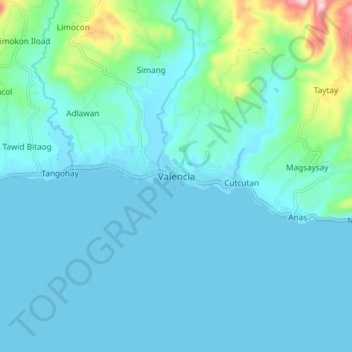 Mapa topográfico Valencia, altitude, relevo