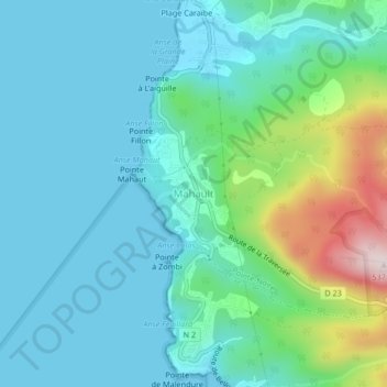 Mapa topográfico Mahault, altitude, relevo