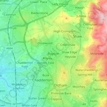 Mapa topográfico Royton, altitude, relevo