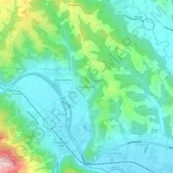 Mapa topográfico Muggauberg, altitude, relevo
