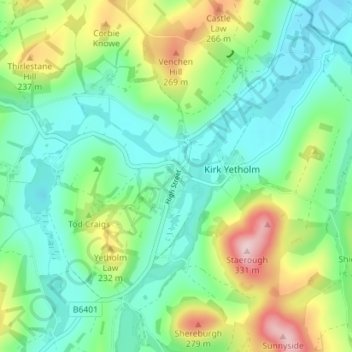 Mapa topográfico Town Yetholm, altitude, relevo
