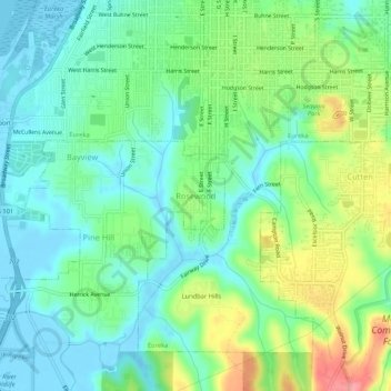 Mapa topográfico Rosewood, altitude, relevo