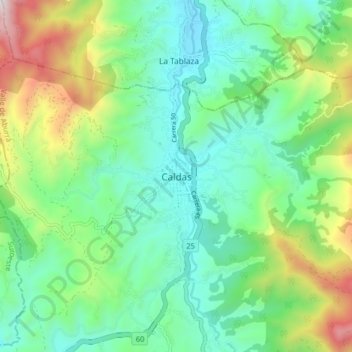 Mapa topográfico Caldas, altitude, relevo