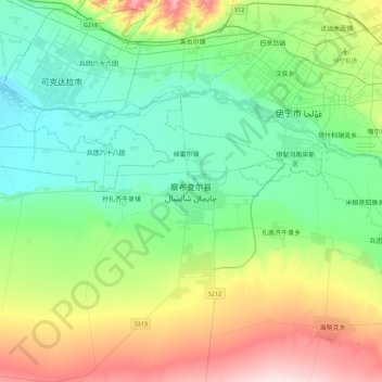 Mapa topográfico 察布查尔县, altitude, relevo