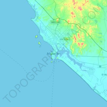 Mapa topográfico Mazatlán, altitude, relevo