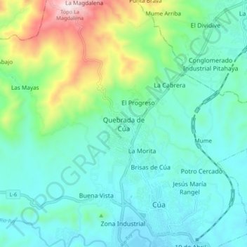 Mapa topográfico Quebrada de Cúa, altitude, relevo