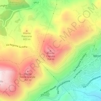 Mapa topográfico Monte Caputo, altitude, relevo