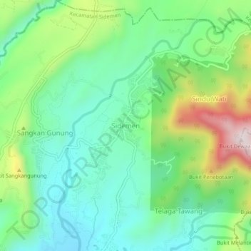Mapa topográfico Sidemen, altitude, relevo
