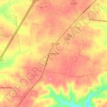 Mapa topográfico Rolling Acres, altitude, relevo
