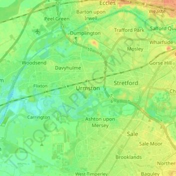 Mapa topográfico Urmston, altitude, relevo