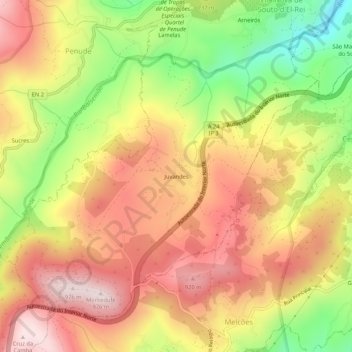 Mapa topográfico Juvandes, altitude, relevo