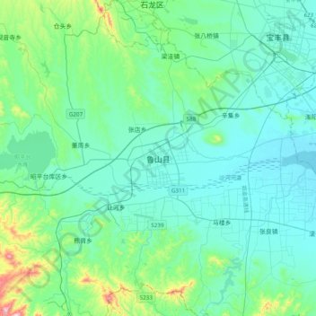 Mapa topográfico 鲁山县, altitude, relevo