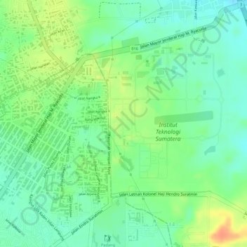 Mapa topográfico Kebun Raya ITERA, altitude, relevo