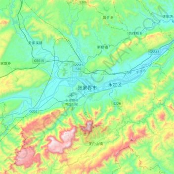 Mapa topográfico Zhangjiajie, altitude, relevo