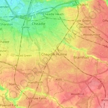 Mapa topográfico Cheadle Hulme, altitude, relevo