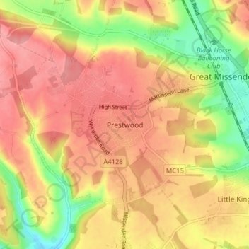 Mapa topográfico Prestwood, altitude, relevo