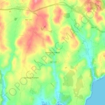 Mapa topográfico Hortas do Tabual, altitude, relevo