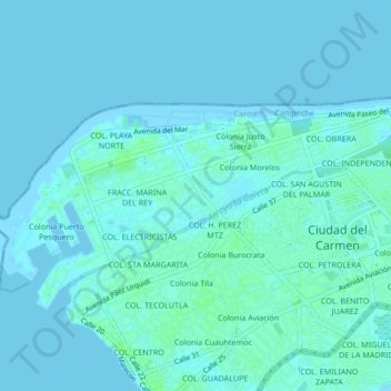 Mapa topográfico Colonia Miami, altitude, relevo