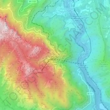 Mapa topográfico Monestir de Montserrat, altitude, relevo