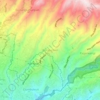 Mapa topográfico Wangunsari, altitude, relevo