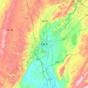 Mapa topográfico 弥勒市, altitude, relevo