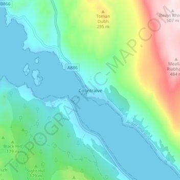 Mapa topográfico Colintraive, altitude, relevo