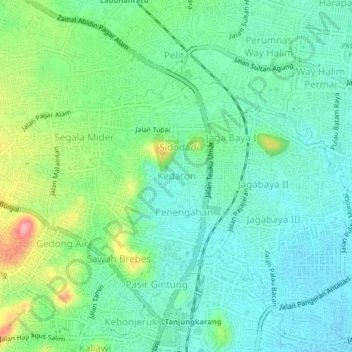 Mapa topográfico Kedaton, altitude, relevo
